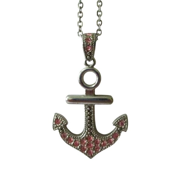 New Anchor Pink Crystals Pendant Necklace 20" Stainless Chain Nautical Jewelry - Picture 1 of 6